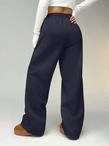 SHEIN EZwear Pebble Seam Detail Straight Leg Sweatpants - Navy Blue - View 2