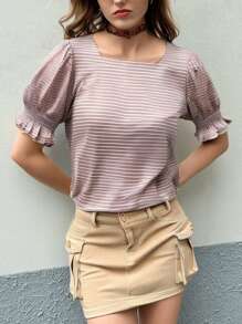 INAWLY 女士条纹方领泡泡袖休闲 T 恤 - 彩色 - 查看 1