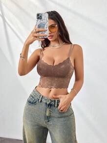 Lace Wireless Bralette With Spaghetti Straps Lingerie - Bronze - View 3