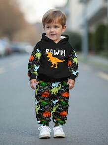 SHEIN Baby Boy Casual Losse & Zachte Comfortabele Gebreide Hoodie Sweatshirt En Broek Set Met Klassieke Dinosaurus Print, Geschikt Voor Herfst/Winter