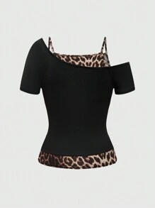 ROMWE Grunge Punk Kpop Grunge 吉他图案T恤，轻薄宽松撞色落肩摇滚音乐节女款T恤 - 棕色 - 查看 2