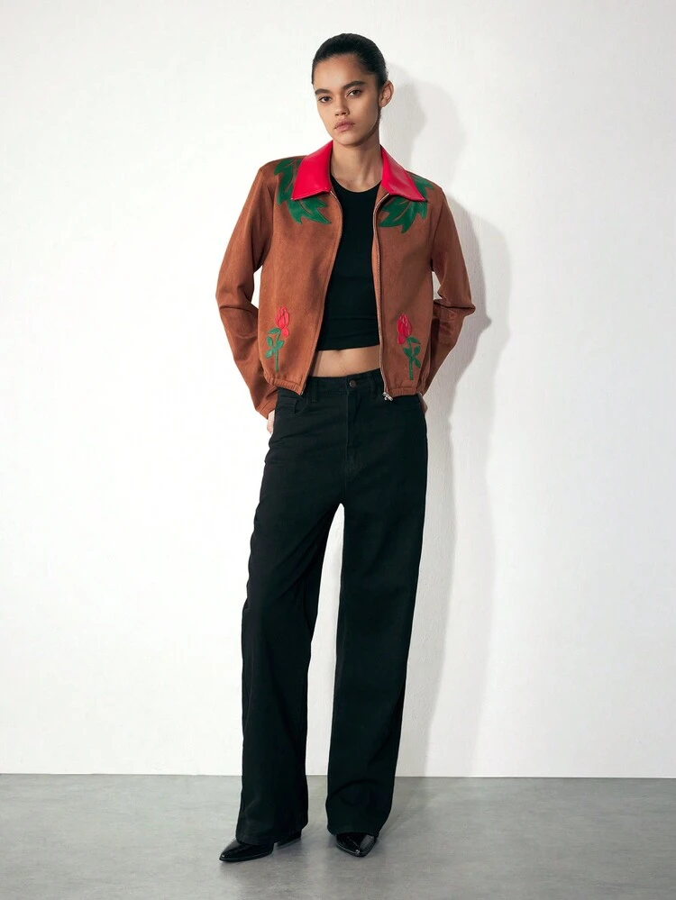 SHEIN Maija Women's Autumn/Winter Deer Velvet & PU Colorblock Floral Embroidered Zippered Elastic Hem Jacket With Long Sleeves