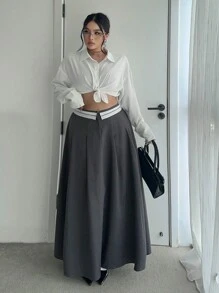 Flirla Váy xòe cạp cao cạp cao thiết kế độc đáo tối giản mới dành cho nữ cỡ lớn, hiệu ứng thon gọn, dáng maxi - Xám - Xem 5