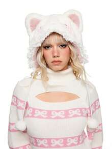 ROMWE Kawaii 1 chiếc mũ len thiết kế tai lông dễ thương có viền ren tua rua cho phụ nữ, mũ mùa đông dày ấm áp có vành tai - Nhiều màu - Xem 4