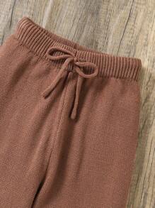 Sparklyn Conjunto de niñas preadolescentes de cárdigan de punto minimalista y pantalones de punto de otoño/invierno - Café integral - Ver 6