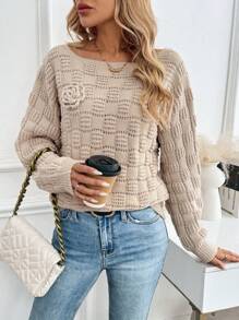 SHEIN LUNE Suéter de punto asimétrico de hombro de estilo cable de moda de otoño/invierno, manga de murciélago, suelto y casual de unicolor con flores 3D, adecuado para el ocio al aire libre en otoño - Caqui - Ver 5