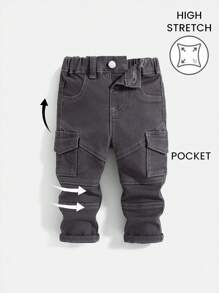 SHEIN Pantalones de carga de mezclilla de alto estiramiento gris oscuro estilo callejero para bebés niños, para usar a diario en otoño/invierno