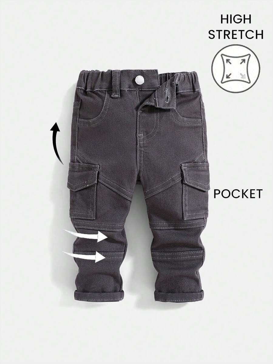 SHEIN Pantalones de carga de mezclilla de alto estiramiento gris oscuro estilo callejero para bebés niños, para usar a diario en otoño/invierno