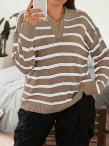 Flirla Plus Size Women French Style Striped Turn-Down Collar Pullover Knit Sweater For Autumn, For Winter - Khaki - View 4