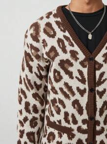 ROMWE MEN Street Life Men's V-Neck Long Sleeve Loose Knitted Cardigan With Leopard Pattern, Fall & Winter - Brown - View 3