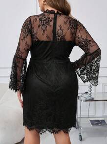 SHEIN Clasi Plus Size Black Lace Flared Sleeve Fitted Mini Dress, Elegant & Sophisticated, Women Autumn Dresses - Black - View 2