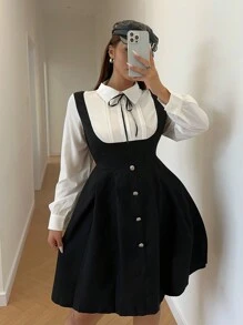 Flirla Casual Minimalist Long Sleeve College Style Dress - Black - View 3