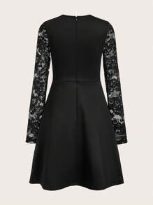 Gownix Women's Solid Color Flap Detail A-Line Lace Long Sleeve French Retro Style Black Dress  Long Sleeve Dress - Black - View 4
