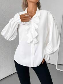 SHEIN Clasi Women Plain Woven Lantern Sleeve Casual Shirt, Regular Fit, Autumn/Winter Fall Cloth For Women - White - View 5