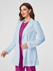 TaskEZ Women's Solid Color Lapel Neck Long Sleeve Utility Pocket Laboratory Jacket Set Scrub Set Nurse Dresses Scrub Tops Scrub Bottoms Lab Coats Scrub Outwear - Baby Blue - View 8