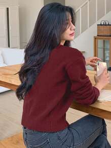 DAZY 女士 V 领纯色针织开衫，适合秋季和圣诞节、假日、秋季女装 - 酒紅色 - 查看 2