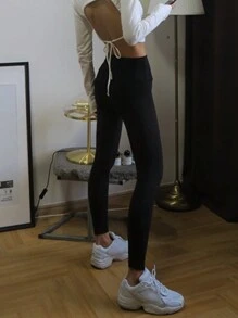 DAZY Quần legging bó tối giản màu trơn dành cho nữ có lót nhiệt - màu đen - Xem 5