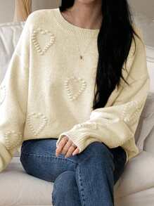 DAZY Heart Jacquard Knit Oversized Crew Neck Women Sweater