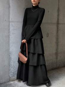 FRIFUL Váy dài tay họa tiết bèo nhún đơn giản, tối giản dành cho nữ, mùa thu, quần áo nữ mùa thu - màu đen - Xem 4