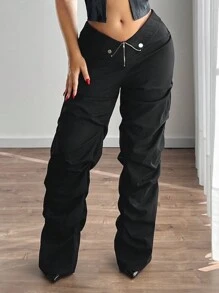 SHEIN ICON Pantalones sueltos con cintura extra baja, cuello en V y pliegues para mujeres