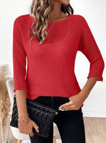 SHEIN LUNE Áo len lưới cổ tròn màu trơn thường ngày - Đỏ - Xem 5