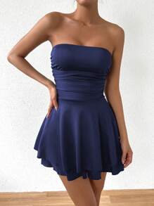 Zolique 1pc Women Solid Color Ruched Bandeau Mini Casual Dress - Navy Blue - View 4