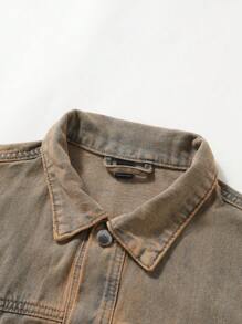 Manfinity Homme 1pc Men's Single Breasted Pocket Casual Loose Basic Plain Denim Jacket, Suitable For Autumn, Vacation - Brown - View 3