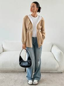 SHEIN Essnce Damen und Mutter-Kind Jacke in Khaki, lässiger Reißverschluss Kapuzenpullover aus warmem Fleece für den Outdoor-Bereich, modische lässige Kapuzenjacke mit Taillenzugband und thermisch gefüttertem Umschlagdetail zum Warmhalten, Herbst/Winter