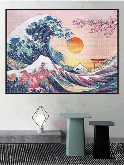 1個 夕日と桜模様ダイヤモンドアートキット、5Dダイヤモンド絵画セットラインストーン装飾的なギフト、初心者の大人に適しています、ダイヤモンド デジタルアートキット、ラウンド フルダイヤモンド、ダイヤモンドペイントDIY、誕生日プレゼント、ホームデコレーション、壁の装飾、バスルームの装飾 クリスマスホリデーギフト用