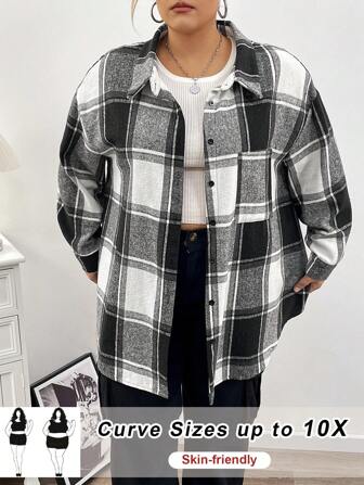 SHEIN CURVE+ 大码女式彩色格子长袖口袋衬衫，适合秋冬季和圣诞节