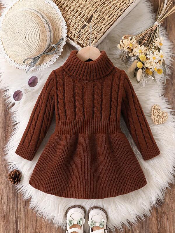 SHEIN Vintaside Kids Baby Girl Casual Solid High Neck Cable Knit Sweater Dress, Autumn/Winter, Baby Girl Sweater Dress, Fall Baby Dress, Brown Dress For Baby, Fall Dresses For 18 Month Rust
