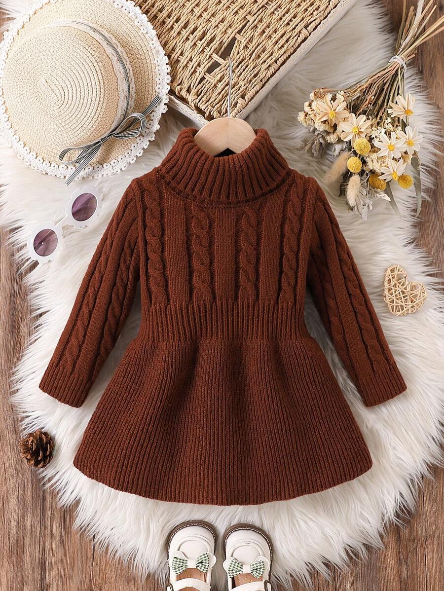 SHEIN Vintaside Kids Vestido de punto de cuello alto de punto cable sólido informal para niña, otoño/invierno - Marrón Chocolate - Ver 1
