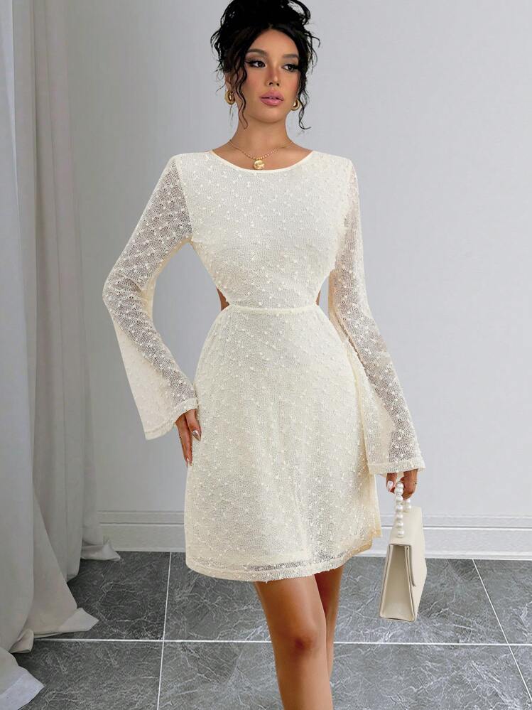 Chiquease 2024 Novo Vestido Elegante Feminino de Outono e Inverno com Recortes, Decote Nas Costas e Design de Amarração na Manga com Aberturas - Damasco - Visão 7