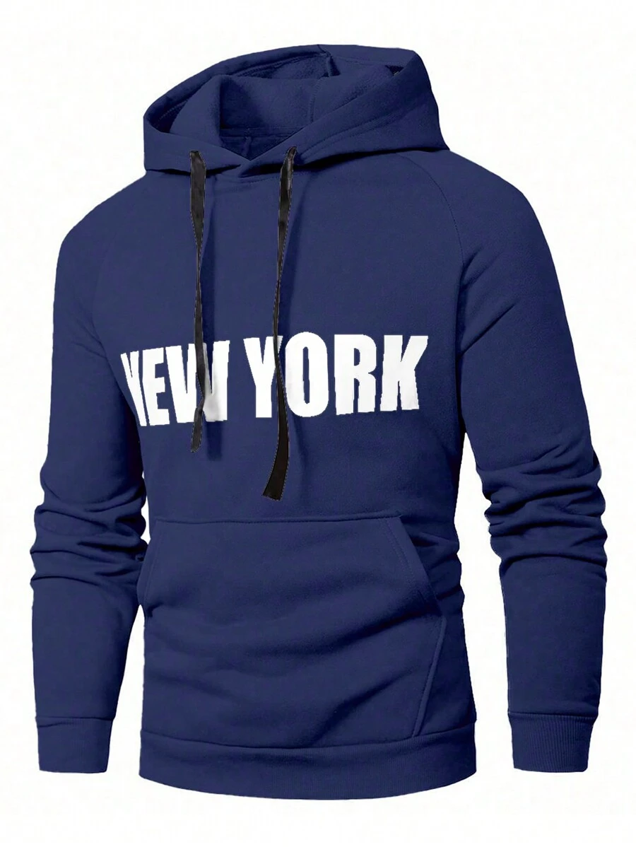 Manfinity Homme Men Letter Graphic Kangaroo Pocket Raglan Sleeve Drawstring Hoodie - Navy Blue - View 1