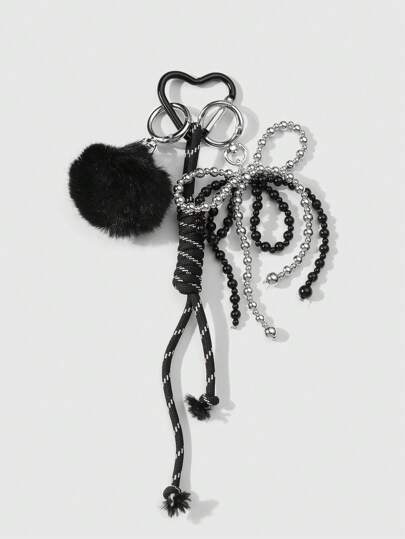 Goth 1 pezzo Portachiavi/ciondolo da borsa in stile gotico, fatto a mano, con perline nere, pallina morbida nera, fiocco con perline nere e argento CCB, con cordino regolabile, adatto per l'uso quotidiano di donne e ragazze, regalo per le vacanze