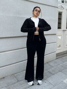 Flirla Plus Size Women 2 Pieces Set, Includes Solid Color Casual Y2k Velvet Zip-Up Cropped Top And Flared Pants, Sports Outfit - Black - View 5