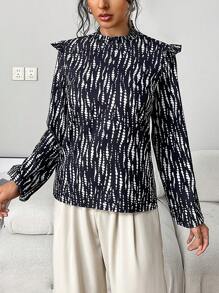 INAWLY Chemise à manches longues élégante avec col montant et imprimé tout-sur-pour femme - Noir et Blanc - Voir 3