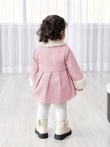 SHEIN Baby Girl Warm & Fashionable Furry Collar Mid-Length Belt Coat, Autumn/Winter Clothes - Multicolor - View 2