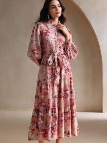 Anewsta 翻领长袖扎染花卉印花腰带荷叶边下摆优雅度假长裙女装 - 粉色 - 查看 6