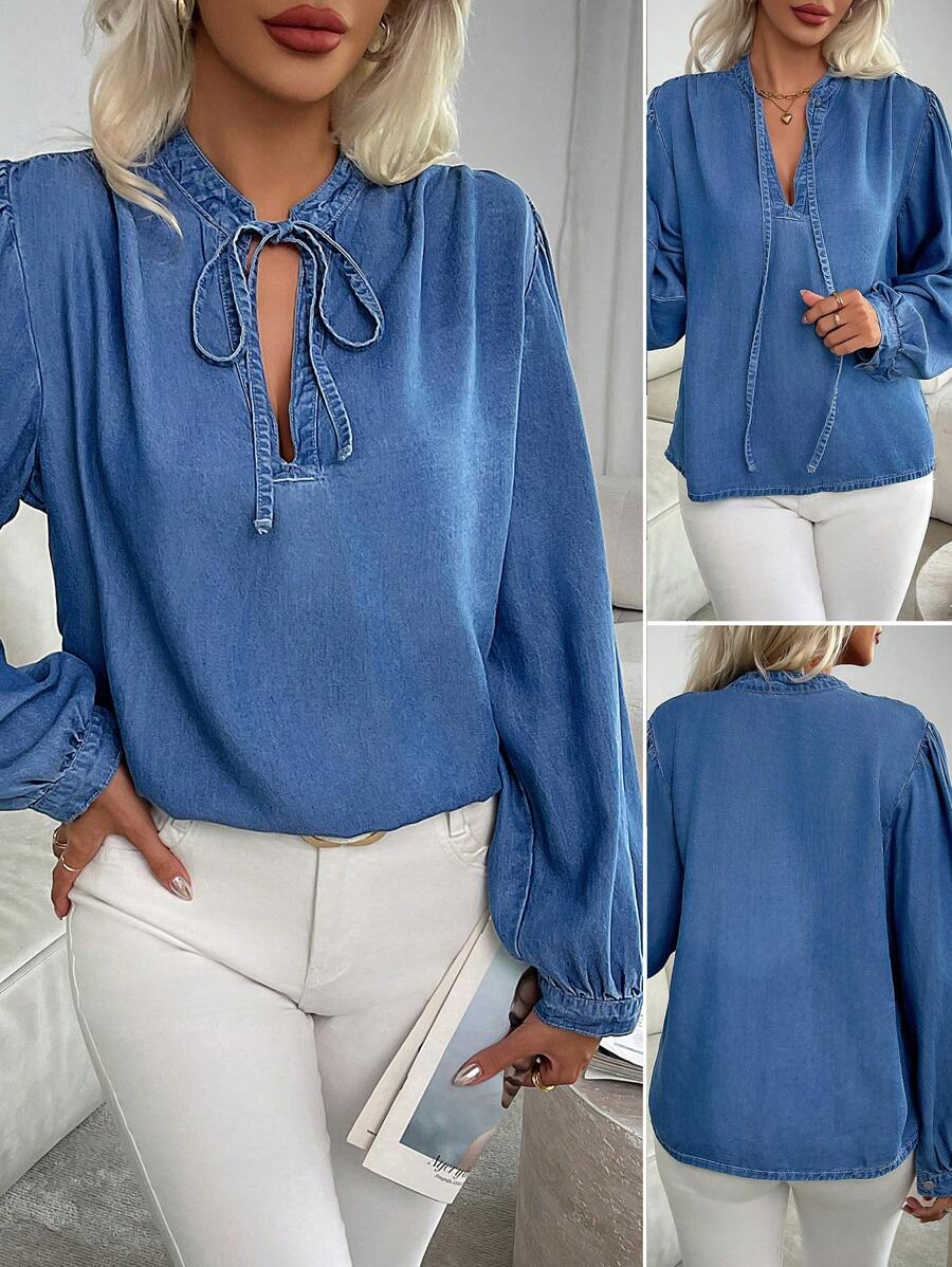 女式前系带长袖简约牛仔上衣，休闲日常穿着 - 藍色 - 查看 1