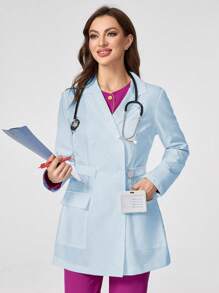 TaskEZ Women's Solid Color Lapel Neck Long Sleeve Utility Pocket Laboratory Jacket Set Scrub Set Nurse Dresses Scrub Tops Scrub Bottoms Lab Coats Scrub Outwear - Baby Blue - View 6