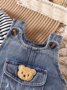 SHEIN Vintaside Kids 嬰兒男童條紋印花長袖上衣和牛仔鬆緊褲套裝