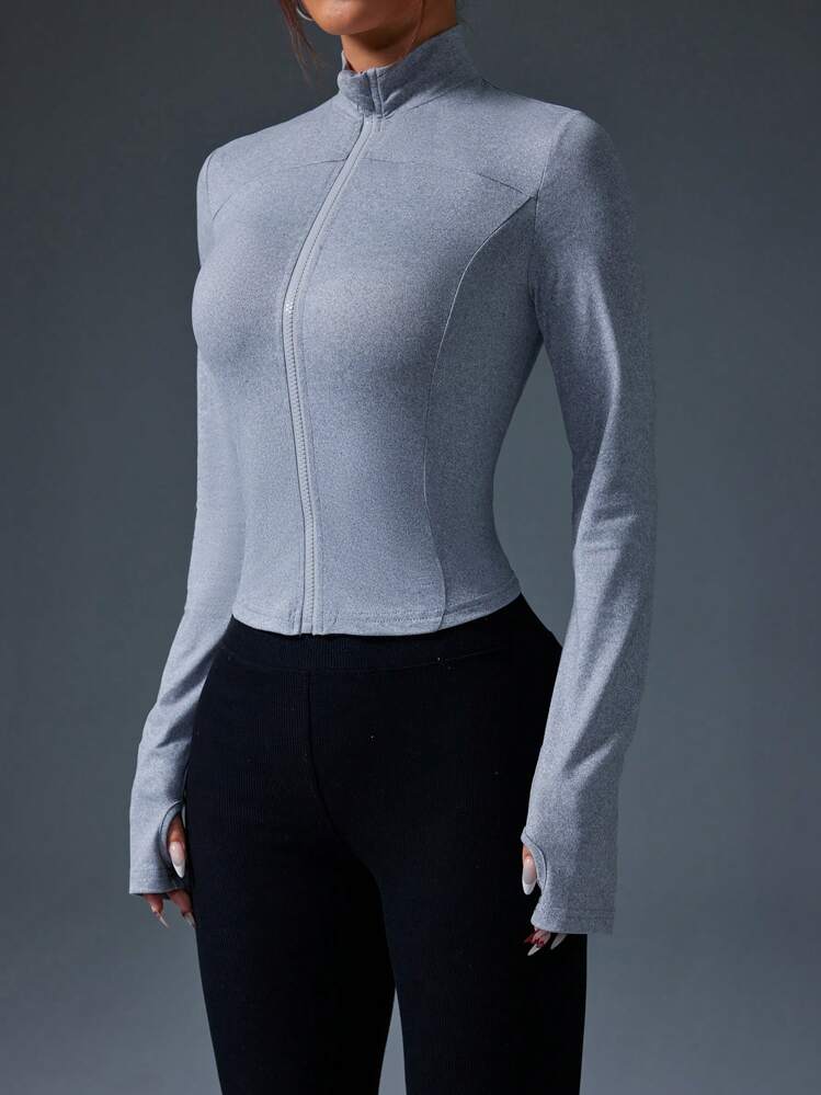 Chaqueta deportiva casual de mujer con cremallera frontal, diseño liso, manga larga, para uso diario - Gris - Ver 3