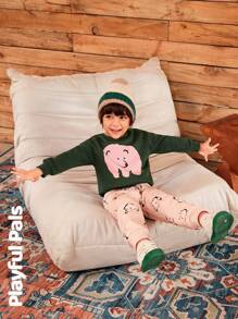 SHEIN 小男孩羊毛保暖圆领长袖图案运动衫和宽松图案运动裤 2 件套秋冬装 - 彩色 - 查看 1