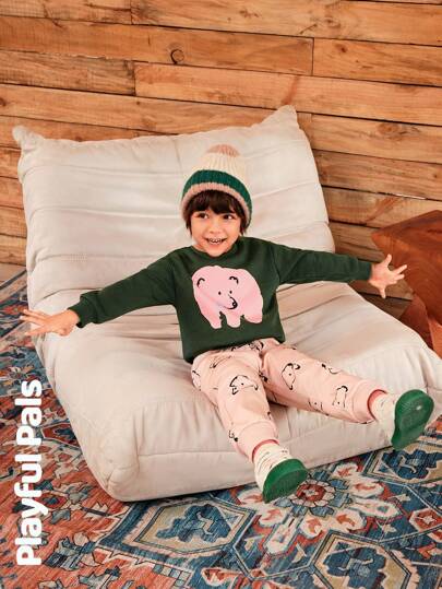 SHEIN Young Boys Fleece Warm Round Neck Long Sleeve Graphic Sweatshirt And Loose Graphic Sweatpants 2pcs Fall/Winter Outfit