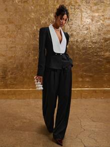 COSMINA Women's Casual Commuter Contrast Color Double-Breasted Shirt For Autumn - Black and White - View 5