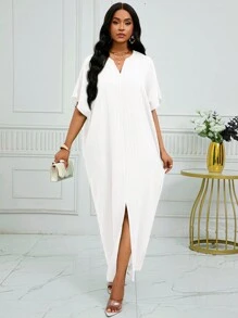 SHEIN Lady Váy Kaftan tay cánh dơi cổ xẻ mùa thu đông - trắng - Xem 3