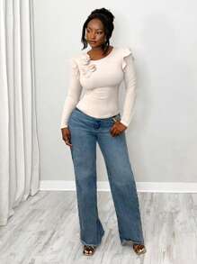 VaVaBold 1 件优雅纯色 3D 花朵装饰荷叶边下摆修身 T 恤，秋季性感长袖上衣圣诞 T 恤冬季上衣 - 卡其色 - 查看 4