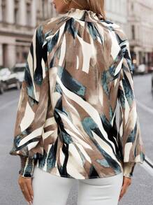 SHEIN Clasi 女士秋季休闲镂空花卉印花荷叶边领长袖衬衫，适合通勤和户外穿着 - 彩色 - 查看 9