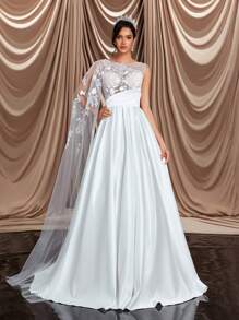 Glamrae 优雅奢华奶油色缎面蕾丝拼布单肩大灯笼袖大裙，适合婚礼、活动、派对和度假 - 米色 - 查看 1